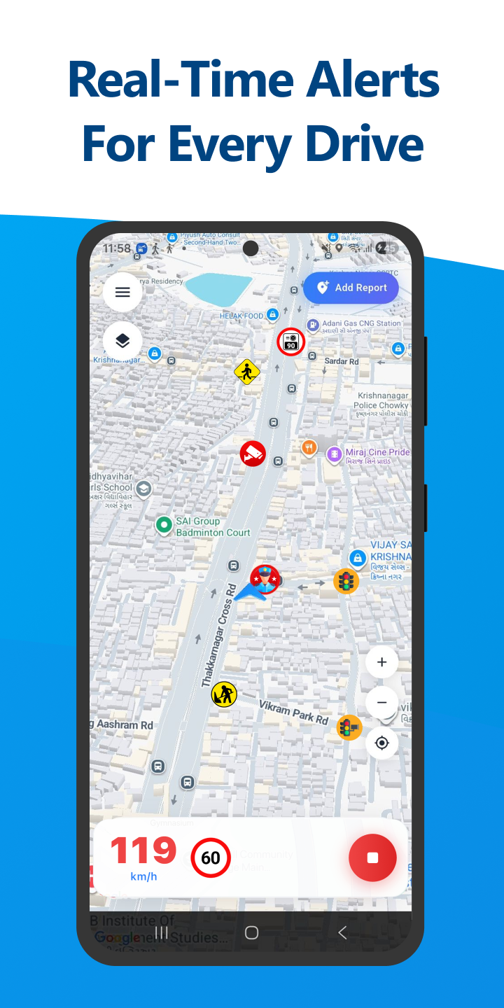 Speed Camera Radar app showing real-time alerts on the road map